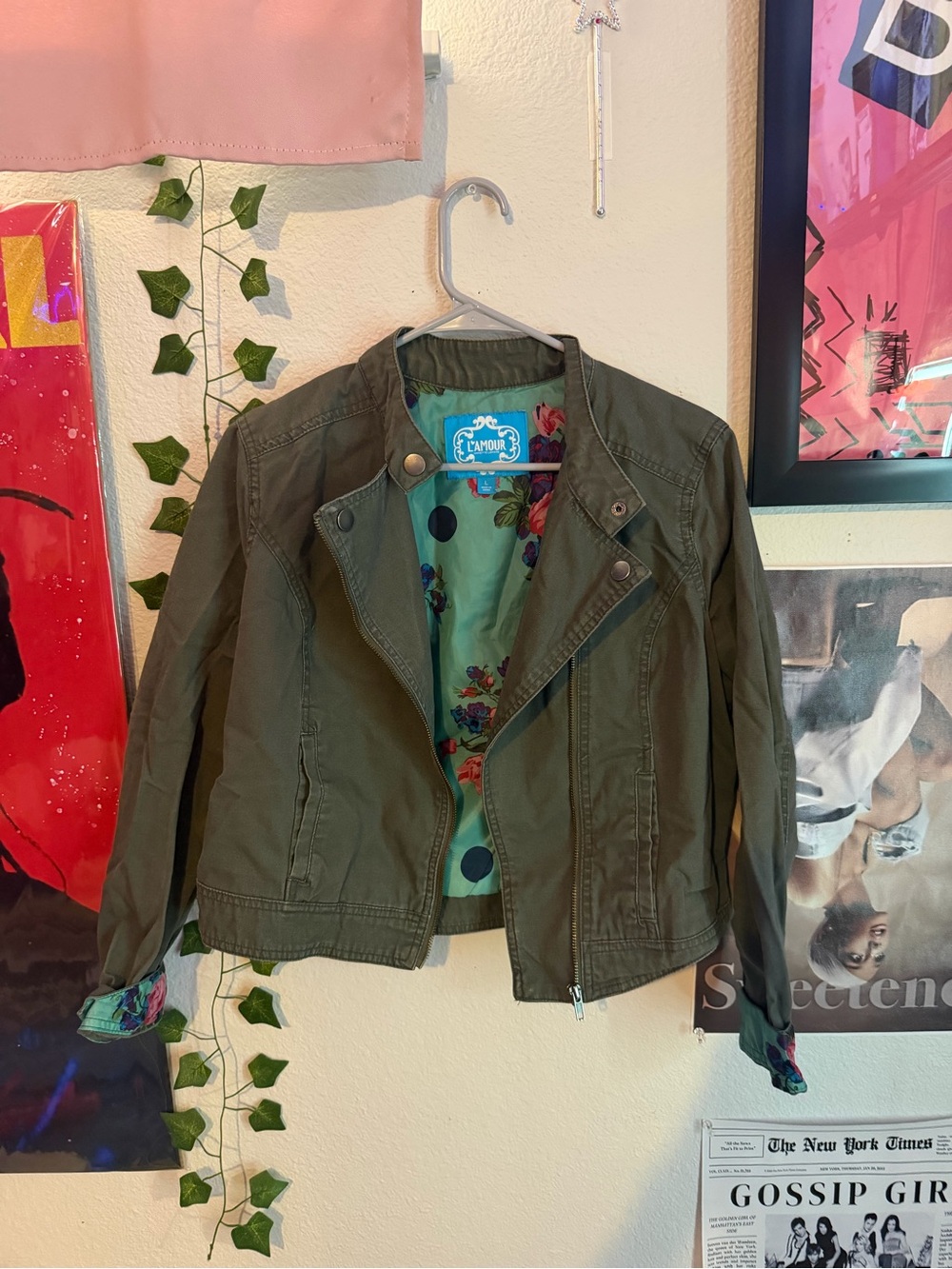 L'Amour Olive Green Jean-Style Jacket with Floral Lining